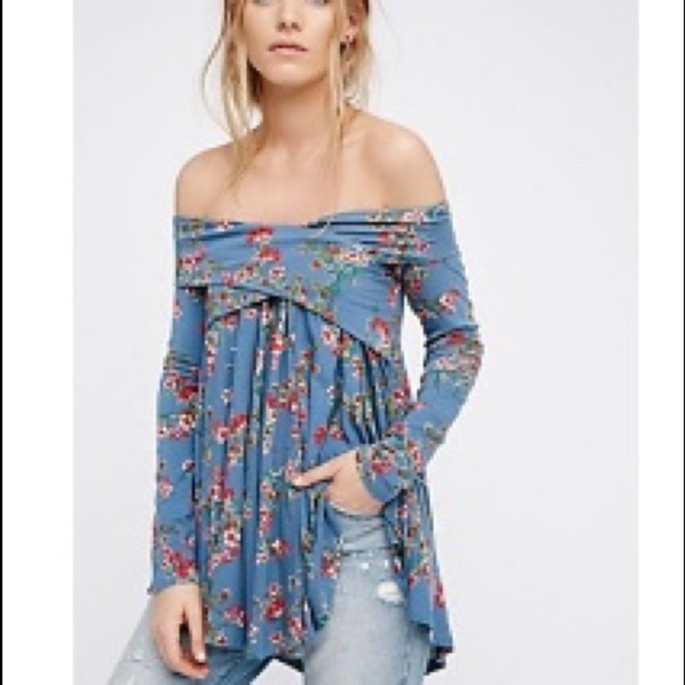 Free People Blue Floral Off-Shoulder Blouse